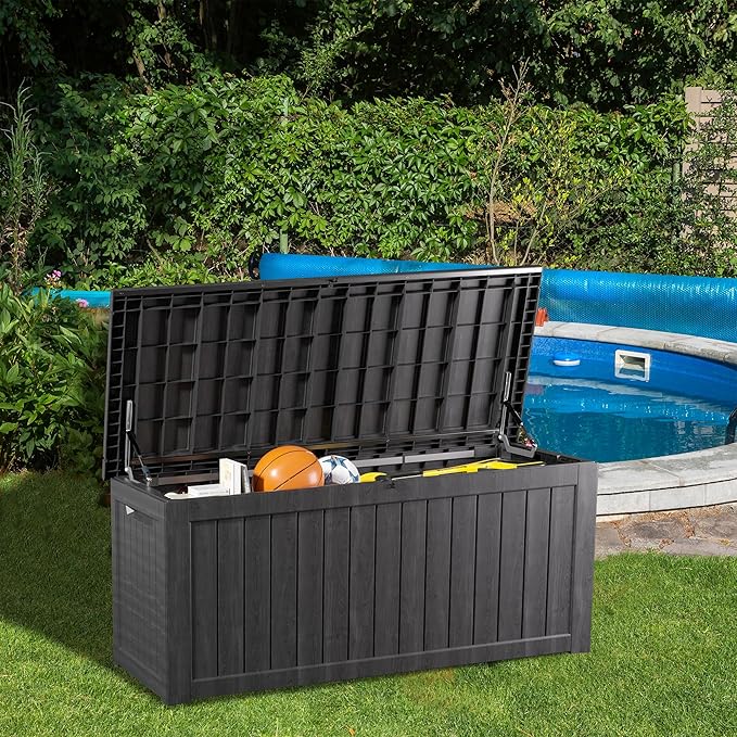 200 Gallon Lockable Resin Deck Box, Waterproof & UV-Resistant Outdoor Storage Box for Outdoor Cushion Storage, Garden Tools & Pool Accessories Storage, Black