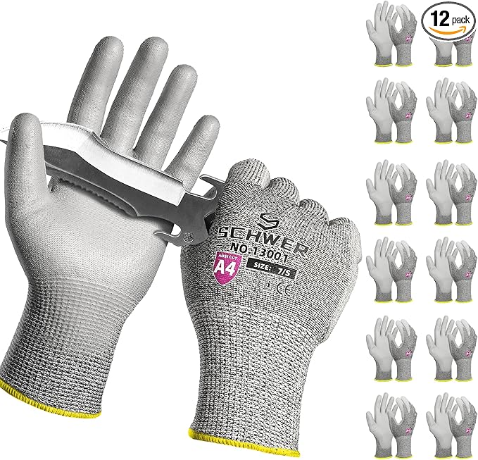 Schwer 12 Pairs ANSI A4 Cut Resistant Work Gloves, Cut Proof Gloves with PU Coating, Used for Metal Fabrication, WoodWorking, Construction, Non Slip, Durable, XS, CR13001
