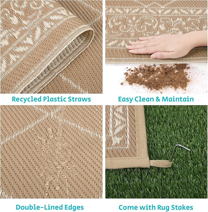 HEBE Outdoor Rug Waterproof 9x12, Reversible Plastic Straw Rug RV Camping Rug, Indoor Outdoor Patio Mat Clearance, Outside Carpet for Porch,Deck,Camper,Balcony,Backyard,Picnic