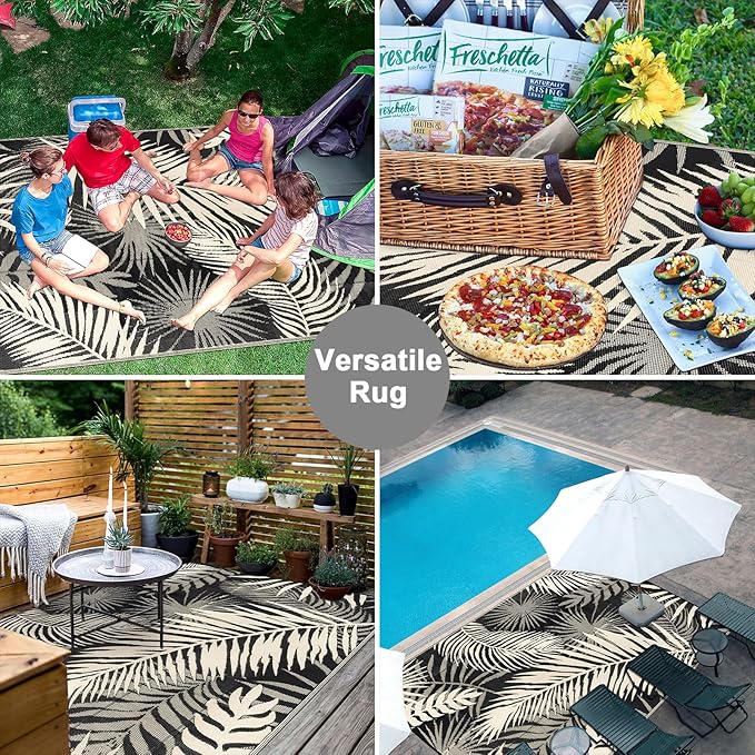 Outdoor Rug Waterproof for Patios Clearance, Reversible Outdoor Plastic Straw Rug Camping Carpet, Outside Floor Mats Large Area Rugs for RV,Patio,Deck,Porch,Beach, Balcony，8'x10',Black&Beige