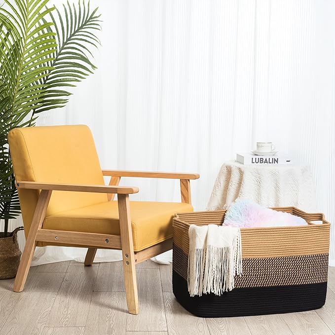 MINTWOOD Design 22in Extra Large Blanket Basket Holder for Living Room, Rectangle Rope Woven Storage Bin with Handles for Laundry, Pool Towels, and Shoes, Dog Toy Box Organizer, Black Jute