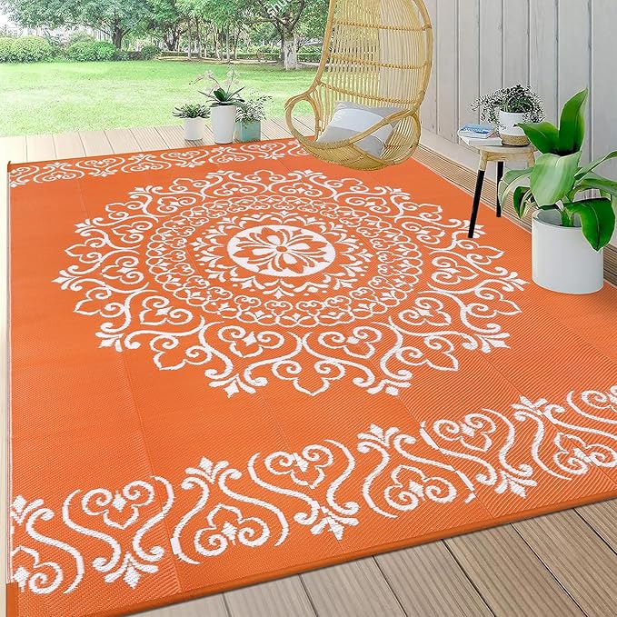 Pauwer Waterproof Outdoor Rug 6x9, Reversible Plastic Straw Patio Camping Rug, Indoor Outdoor RV Mat Carpet for Deck, Camper, Porch, Balcony, Backyard, Picnic, Floral Orange