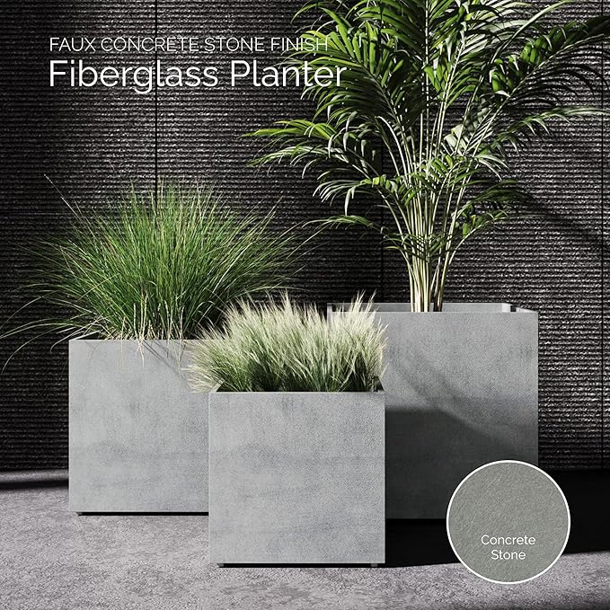 Reglito Cube Planter – Fiberglass Indoor/Outdoor and Weather-Resistant Large Planter (Concrete Stone, 27.6" L x 27.6" W x 28.1" H)