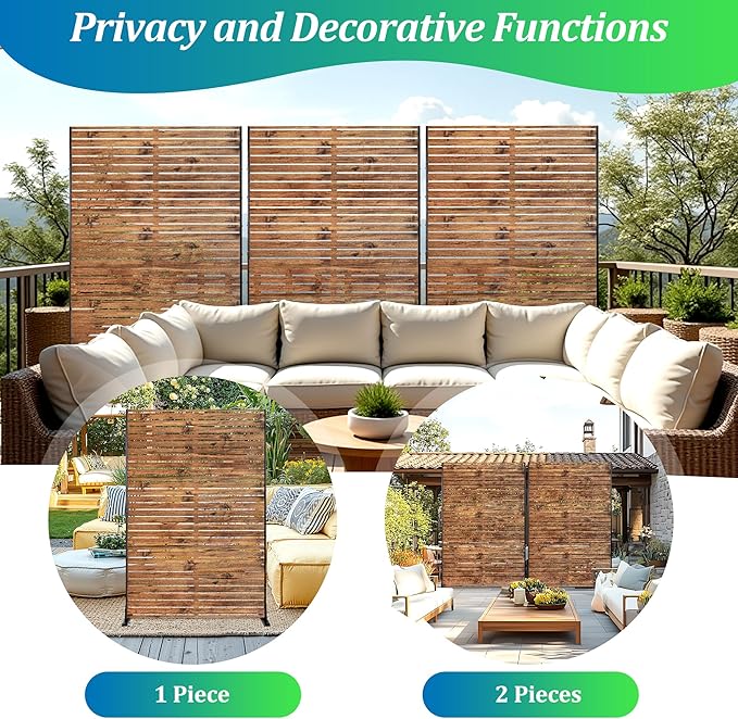 Metal Privacy Screen, 72" H×47" W Outdoor Privacy Screen, Freestanding Decorative Privacy Screen for Deck Balcony Patio, Natural Wood Brown