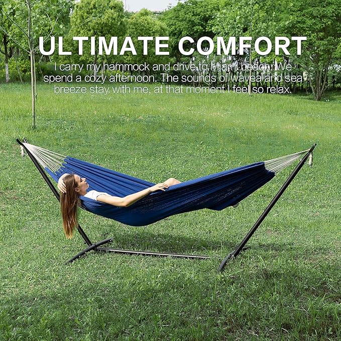 PNAEUT Double Hammocks with Stand for Outside, Portable Space Saving Heavy-Duty Steel Stand for Indoor Outdoor Patio with Carrying Bag, 450 lbs Capacity (Navy)
