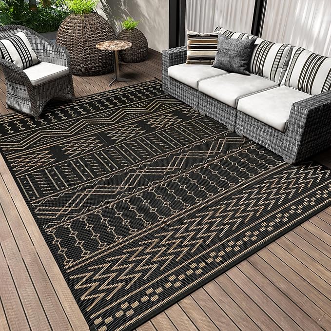 Outdoor Rug Carpet Waterproof 6x9 ft Patio Rug Mat Indoor Outdoor Area Rug for RV Camping Picnic Reversible Lightweight Plastic Straw Outside Rug for Patio Decor Decoration Boho Rug Black Brown