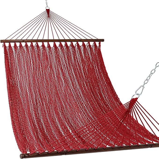 Lazy Daze Hammocks 10.5 FT Double 2 Person Caribbean Rope Hammock, Hand Woven Polyester Hammock with Spreader Bars, for Outside Outdoor Backyard Patio Poolside,450 LBS Capacity,Red