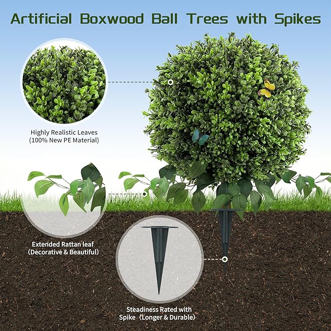 28" Artificial Boxwood Ball Bush, UV Resistant Topiary Tree Faux Boxwood Ball Shaped Porch Bushes with Ground Spike Artificial Bushes for Outdoors Front Door Decor Home Garden