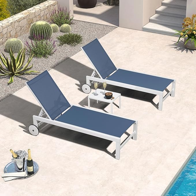 PURPLE LEAF Outdoor Chaise Lounge Set of 4 White Aluminum Lounge Chair Outdoor with Wheels Five-Position Adjustable Patio Lounge Chair for Pool Deck Yard, Indigo