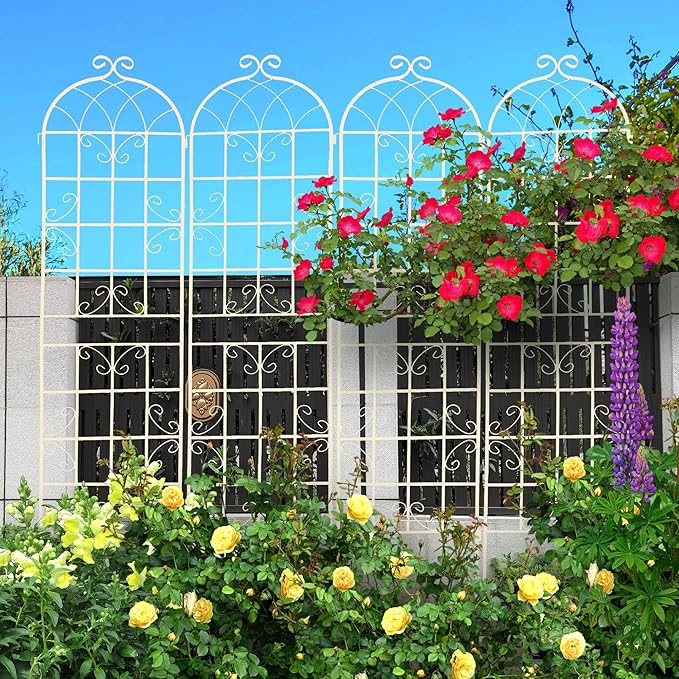 4 Pack Metal Garden Trellis for Climbing Plants Outdoor 86.7" H Cream White Garden Fence Rustproof Trellis Support Roses Flower Lawn, Off White