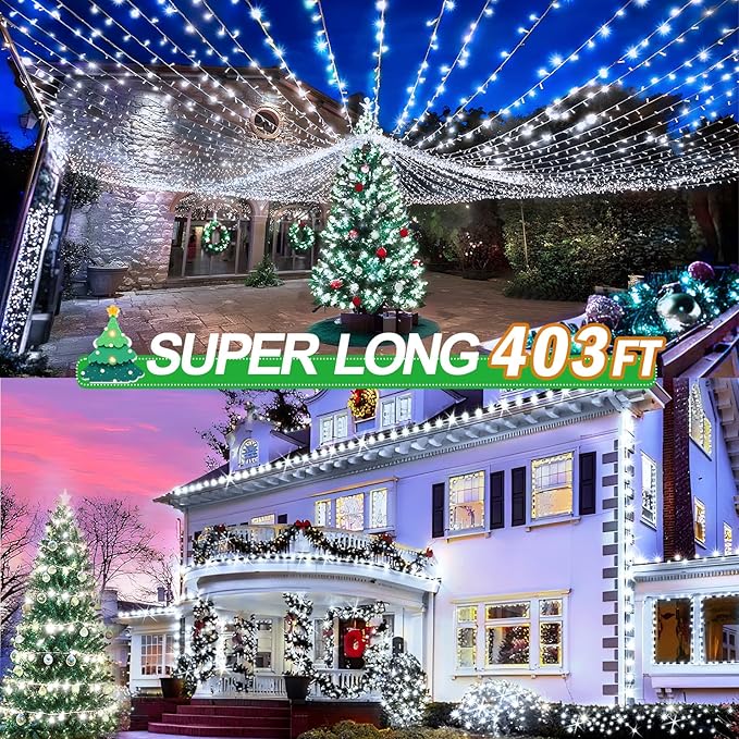 KNONEW 403ft 1000 LED String Lights Outdoor Christmas Lights 8 Modes & Timer Fairy Light Plug in Waterproof LED String Lights for Xmas Yard Tree Wedding Party Holiday Decorations (Cool White)