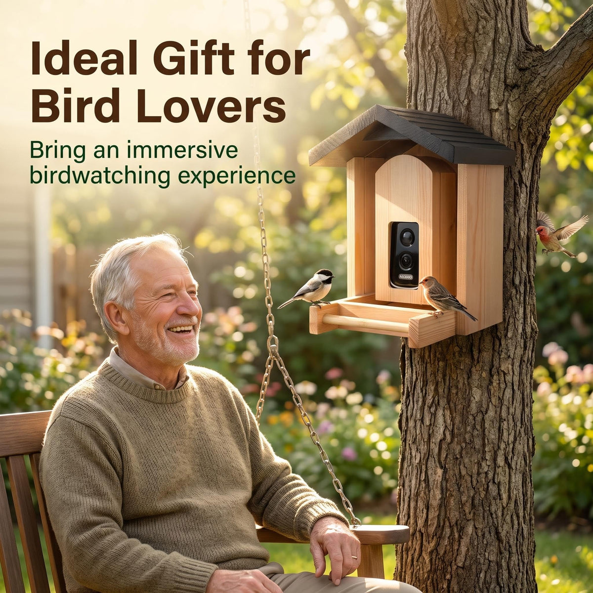 Smart Wooden Bird Feeder with 2.5k Ultra-Wide-Angle AI Camera Solar Powered