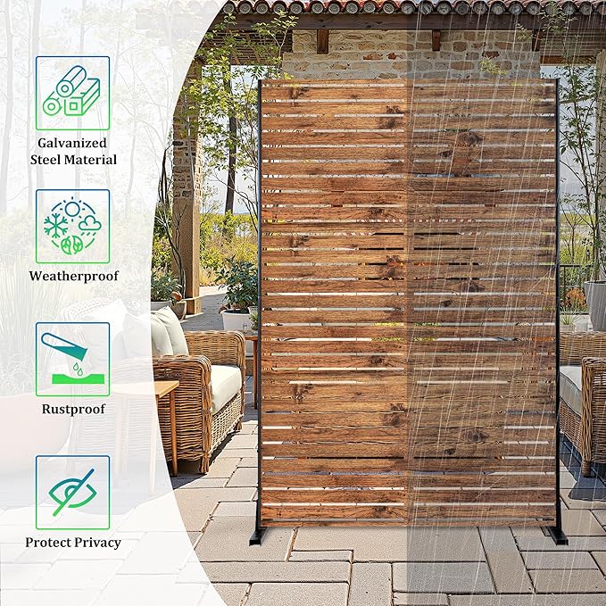 Metal Privacy Screen, 72" H×47" W Outdoor Privacy Screen, Freestanding Decorative Privacy Screen for Deck Balcony Patio, Natural Wood Brown