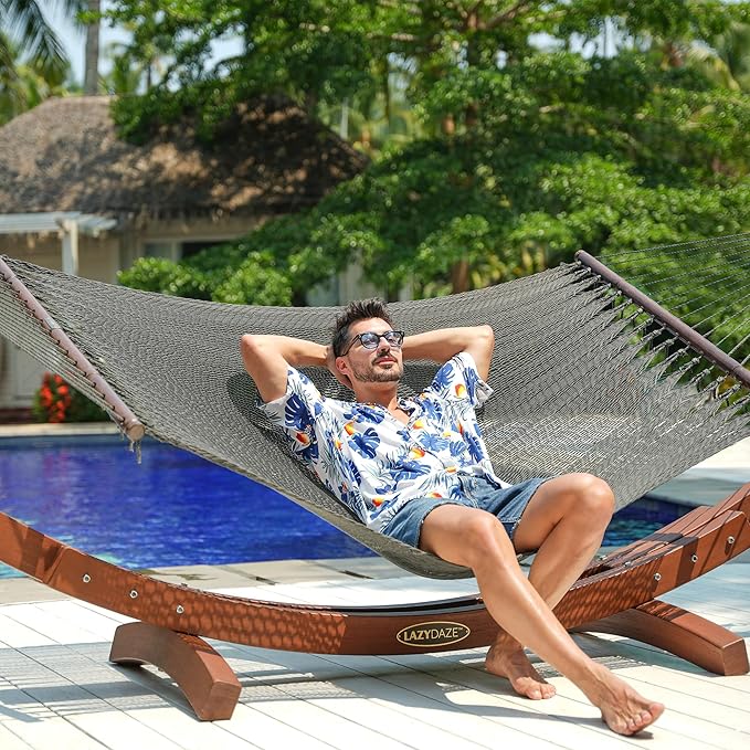Lazy Daze Hammocks 10.5 FT Double 2 Person Caribbean Rope Hammock, Hand Woven Polyester Hammock with Spreader Bars, for Outside Outdoor Backyard Patio Poolside,450 LBS Capacity, Gray