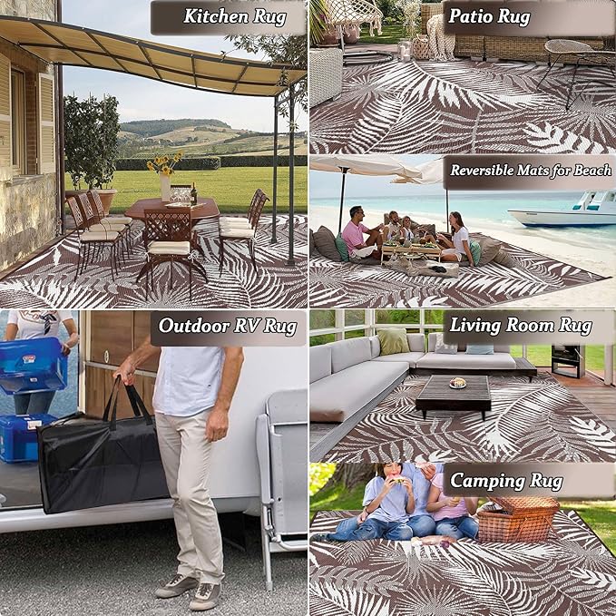 HiiARug Outdoor Rug 6x9Ft Outdoor Plastic Straw Rug Waterproof Outdoor Rugs for Patios Clearance Large Reversible Patio Mat Outdoor Area Rug for Patios Deck Beach RV Camper Backyard,Brown&White