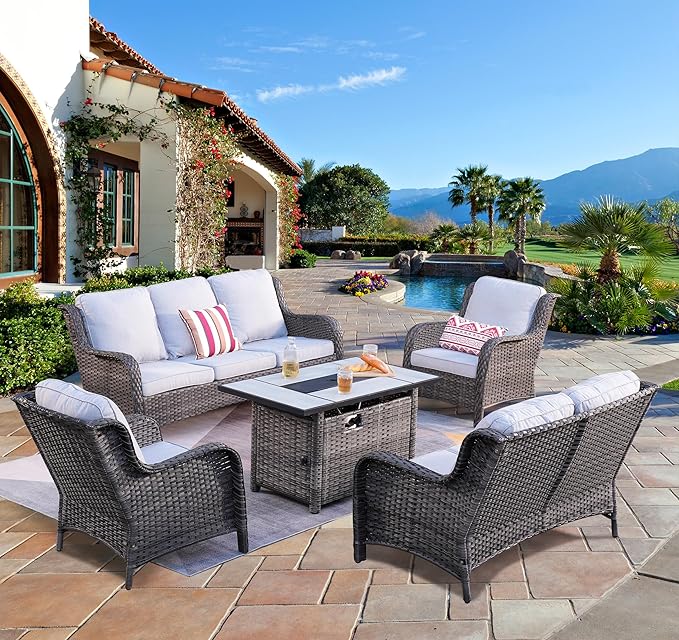 ovios 5 Pieces Patio Furniture Set with 42" Fire Pit Table, Outdoor Wicker Sofa with Loveseat, Comfy Cushions, High Back Couch Conversation Set, Grey Rattan, Grey