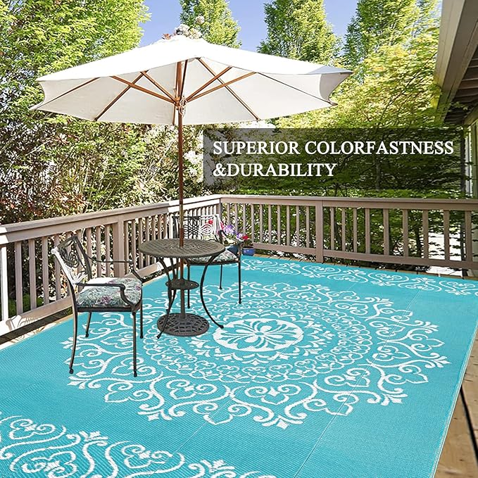 Pauwer Waterproof Outdoor Rug 9x12, Reversible Plastic Straw Patio Camping Rug, Indoor Outdoor RV Mat Carpet for Deck, Camper, Porch, Balcony, Backyard, Picnic, Floral Teal
