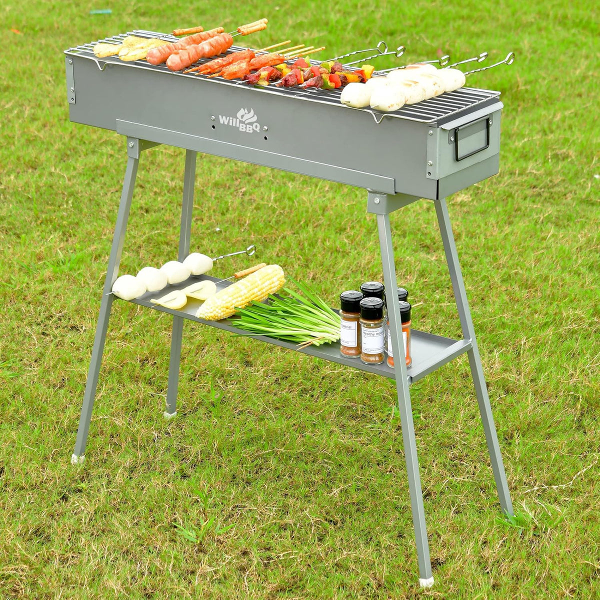 Charcoal Grills Commercial Quality Portable Multiple Size Hibachi BBQ Lamb Skewer Folded Camping Barbecue Grill(31.6x7.1x5.1 inch With Accessories)