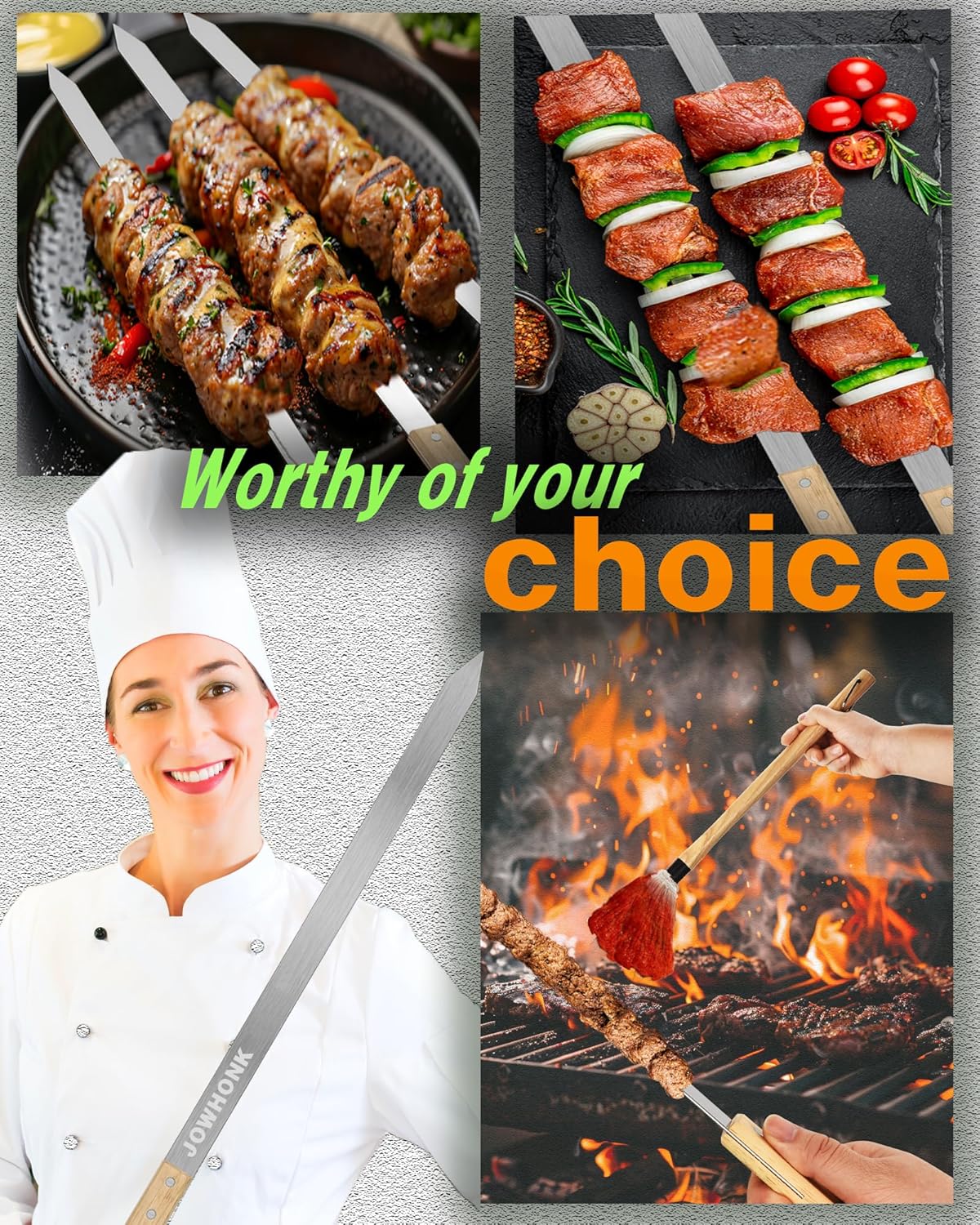 27 Inch Extra Long 1 Inch Wide Kabob Skewers for Grilling, Premium 304 Stainless Steel Barbecue Skewer with Wood Handle,Metal Flat Kebab Skewers include 8PCS BBQ Skewer,1PCS Grill Mop Brush