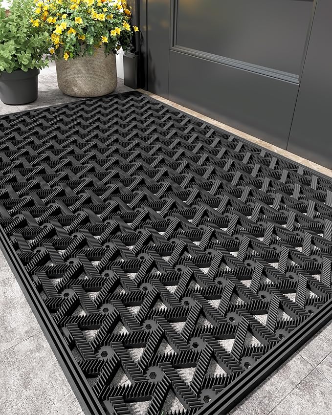 Color&Geometry Door Mat Outside Entrance with Drainage, Rubber Heavy Duty Dirt Trapper Waterproof Outdoor Welcome Mat, Outdoor Mats All Weather for Front Back Door Patio Entryway Entry, 24"X36" Black