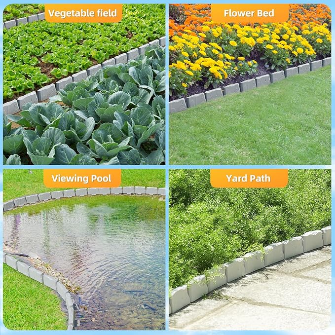 16 Pack(24FT) Landscape Edging w/ 48 Spikes | Flexible Plastic Border for Outdoor, Walkway, Lawn & Weed Control | 24" L x 3" H Faux Stone Edging for Landscaping,Garden Edging Border Stone(Gray) ﻿﻿