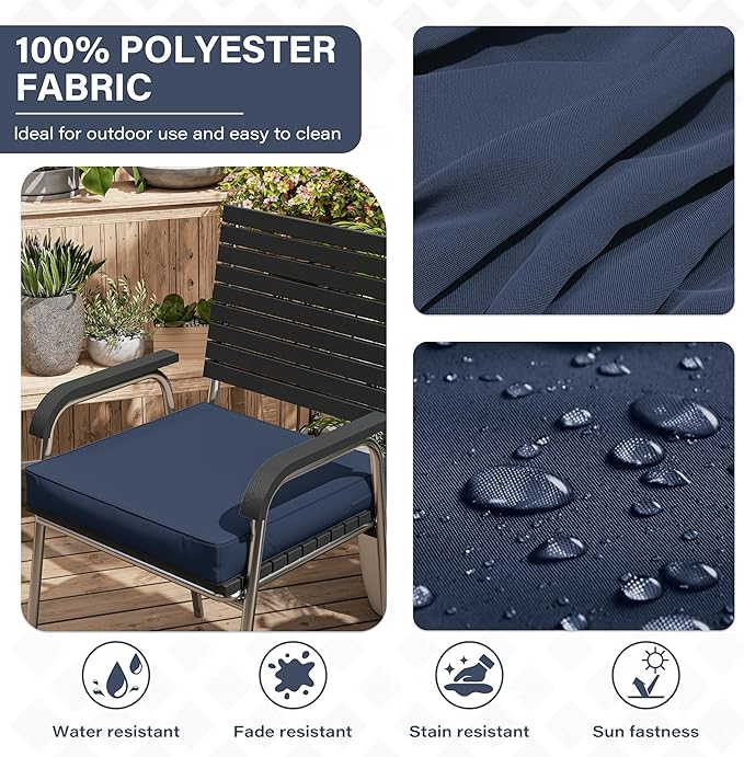 Patio Chair Cushions 17 X 16 X 3 Inch Waterproof Outdoor Seat Cushions for Patio Furniture, Outdoor Sofa Couch Pads with Ties & Handle, Set of 2, Navy Blue