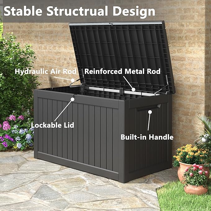KAMABOKO 230 Gallon Outdoor Storage Box, Resin Deck Boxes Indoor and outdoor, Waterproof Storage Box Lockable Lid for Garden Tools, Package Delivery, Patio Cushions, Black