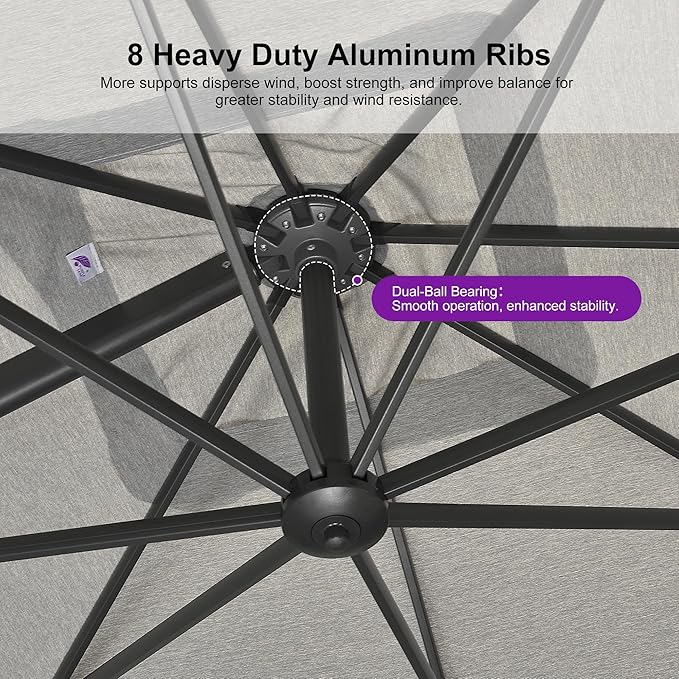 PURPLE LEAF 10' X 13' Patio Umbrella Large Rectangle Outdoor Aluminum Cantilever Umbrella with 3-Year Fade Resistance Recycled Fabric and 360-degree Rotation for Deck Pool Garden, Pebble Grey