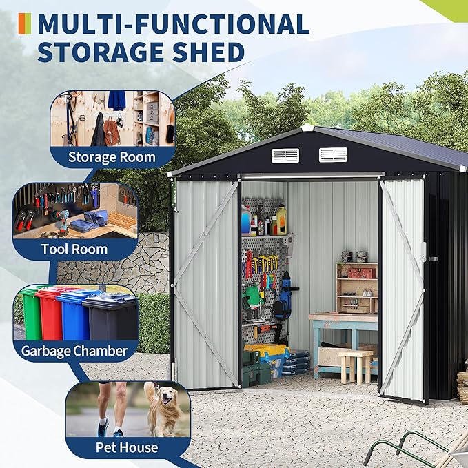 6x8 FT Metal Storage Sheds Outdoor with Floor, Metal Yard Sheds Garden Shed Kit, MetalTool Shed with Lockable Door, Metals UtilitySheds Buildings with Air Vent for Backyard Garden Patio Lawn