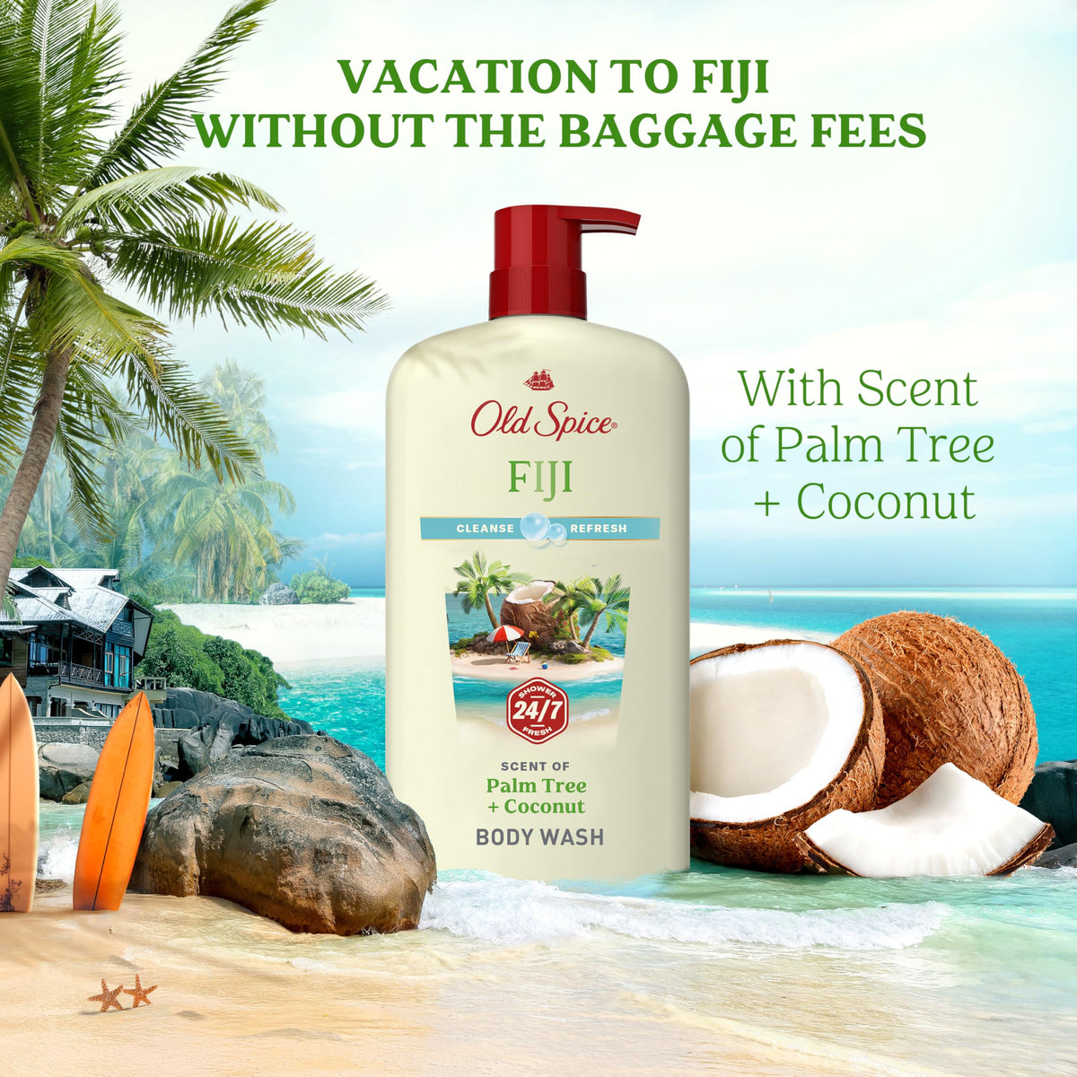 Old Spice Cleansing Body Wash for Men, 24/7 Shower Fresh with Lasting Scent, Cleanse & Refresh, Gentle on Skin, Vitamin B3, Fiji with Palm Tree + Coconut Scent, 25 oz (Pack of 4)