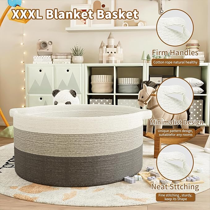 125L Extra Large Blanket Basket, 25" x 16", Jumbo Laundry Woven Baskets Decorative Home, Cotton Rope Basket with Handles, Baby Toy Baskets for Storage, Gradual Gray