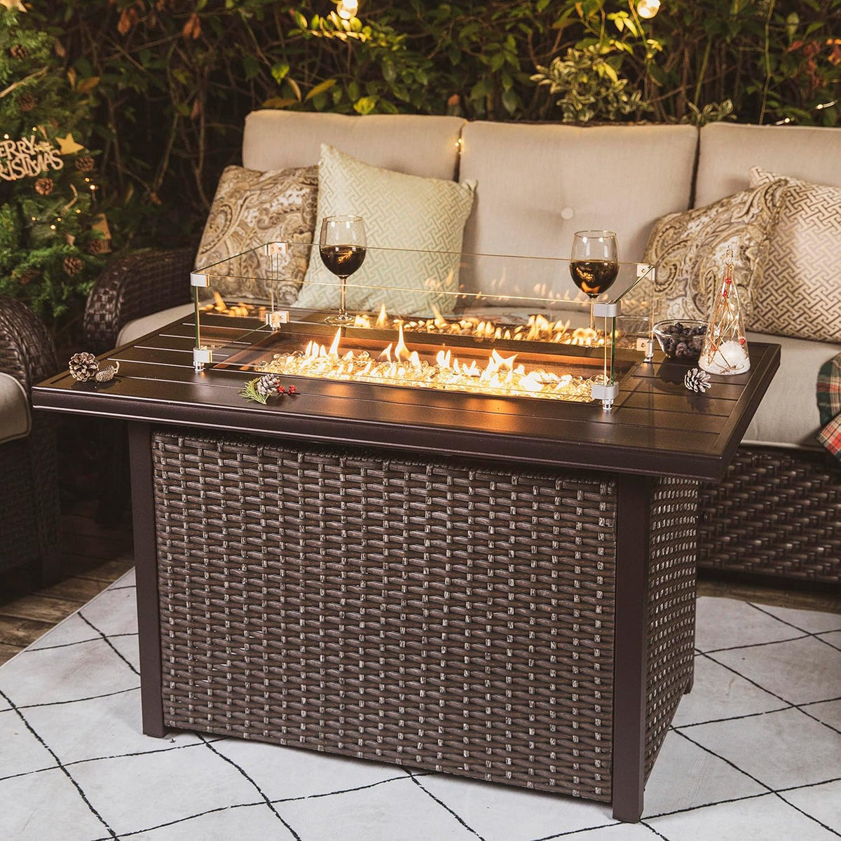Nuu Garden Outdoor 43 Inch 50,000 BTU Propane Gas Fire Pit Table, Aluminum Tabletop and PE Rattan Weaved Steel Frame, Water-Proof Oxford Cover, Glass Fire Pit Wind Guard, Glass Beads, Lid, Dark Brown