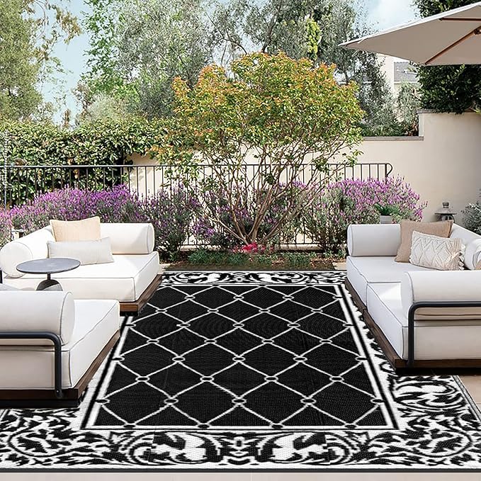 OutdoorLines Indoor Outdoor Rugs for Patio 4x6 ft - Reversible Outside Carpet, Stain & UV Resistant Portable RV Mats, Plastic Straw Rug for Camping, Pool Deck, Porch Rhombus Black & White