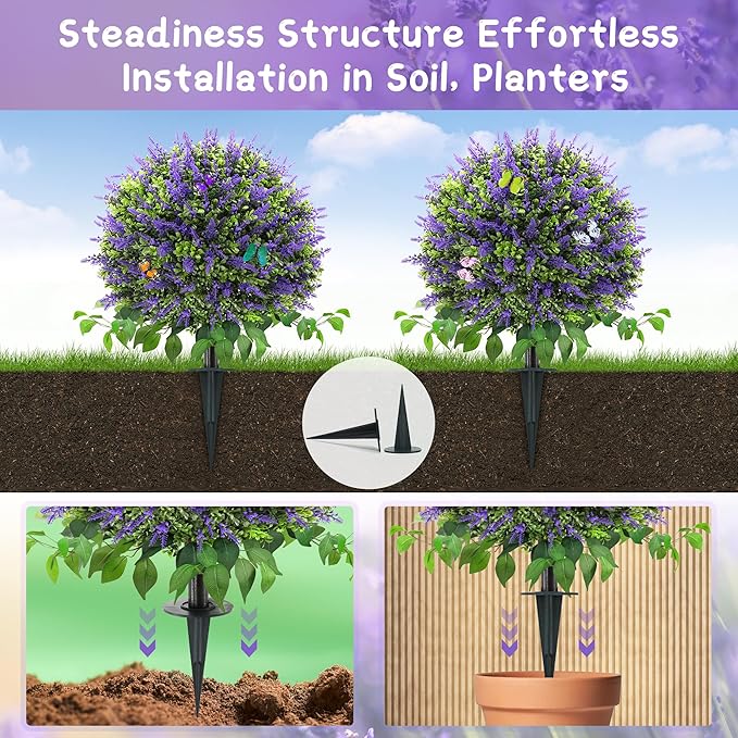 28" Artificial Boxwood Topiary Ball with Lavender, UV Resistant Topiary Tree Faux Boxwood Ball Shaped Porch Bushes with Ground Spike Artificial Bushes for Outdoors Front Door Decor Home Garden
