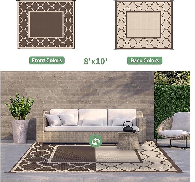 GENIMO Outdoor Rug 8' x 10' Patio Waterproof, Foldable Reversible Plastic Straw Area Rugs Mat for Camper Decor, Outside Carpet for Rv, Deck, Porch, Picnic, Beach, Balcony, Coffee & Beige