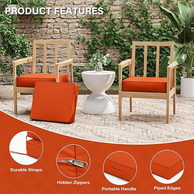 Patio Chair Cushions 18.5 X 16 X 4 Inch Waterproof Outdoor Seat Cushions for Patio Furniture, Outdoor Sofa Couch Pads with Ties & Handle, Set of 2, Orange