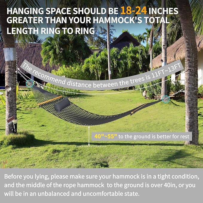 13FT Hammocks, Traditional Hand Woven Cotton Rope Hammock with Free Extension Chains for Outdoor Indoor Patio Yard 450 LSB Capacity for Two Person (Dark Grey)