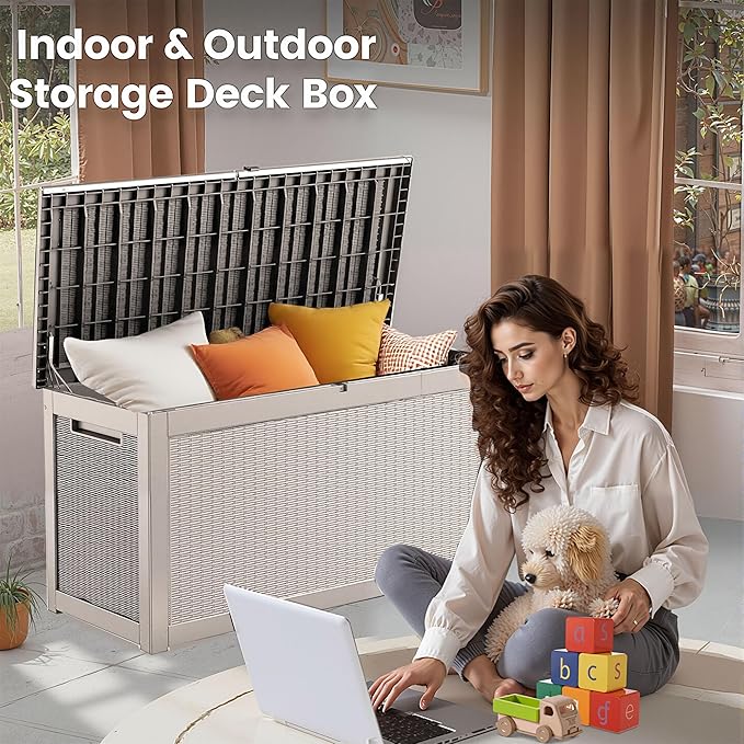 260 Gallon Storage Box, Waterproof Resin Deck Box with Steel Support & Hydraulic Rod, Lockable Storage Bench for Indoor & Outdoor Use, Storage Bin for Patio Cushions, Garden Tools, Grey