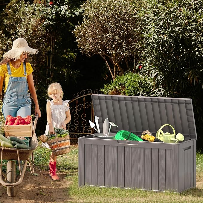 NUNU LAB 75 Gallon Outdoor Storage Box,Resin Large Sturdy Deck Box, Backyard Outside Storage Box Waterproof with Double Wall Panels,Garden Box,Package Delivery Outdoor Hose Storage Bin