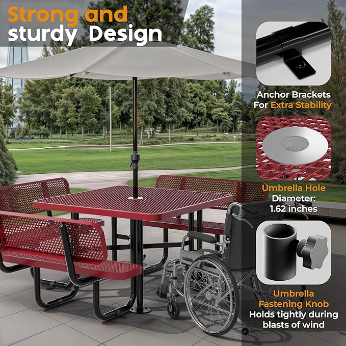 Metal Picnic Tables for Outdoors with Umbrella Hole - Coated Steel Heavy Duty Commercial Grade Table with Adjustable Seats (Red, 46 in, Square with Back, Expanded Steel)