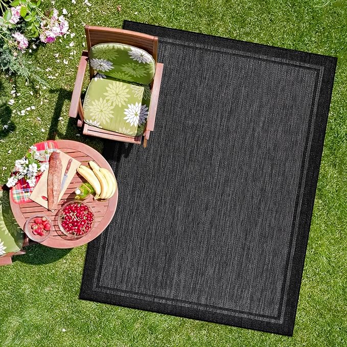 CAMILSON Indoor Outdoor Rug, 8x10 Bordered Dark Gray Black Modern Area Rugs for Indoor and Outdoor Patios, Kitchen and Hallway Mats, Washable Porch Deck Outside Carpet (Bordered Black, 8 x 10)