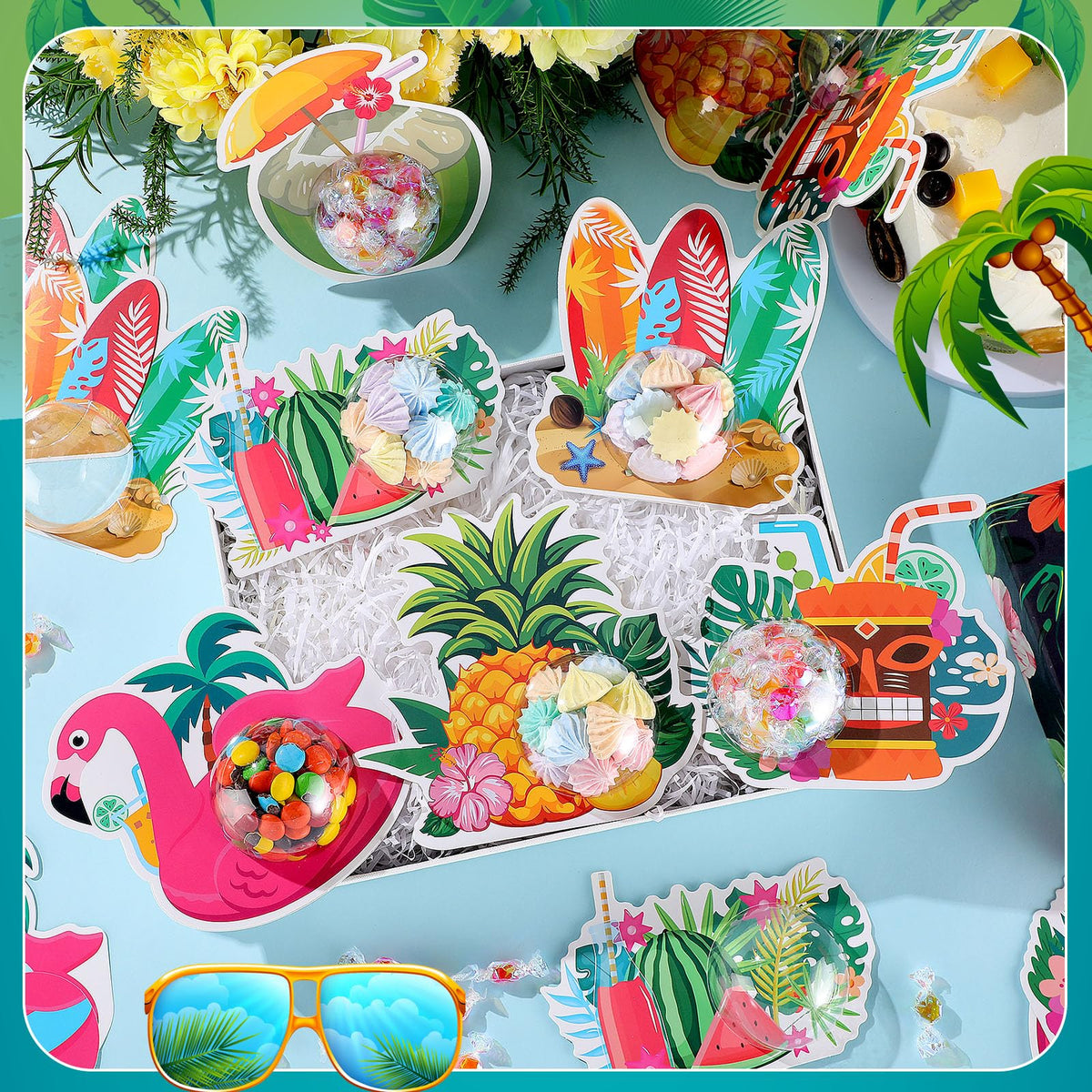 Motiskyy 30 Pack Hawaiian Candy Cards Hawaiian Theme Holder with Clear Plastic Candy Dome Tropical Party DIY for Summer Pool Beach Birthday Baby