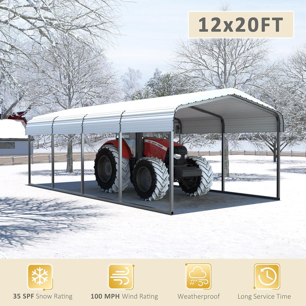 12x20 FT Outdoor Carport with Metal Roof, Heavy Duty Metal Carport Canopy, Garage Car Shelter Shade for Car, Truck, Boat, Eggshell