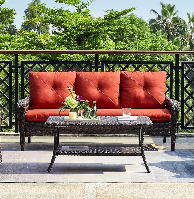 Patio Tables Outdoor Coffee Table - Wicker Rattan Coffee Tables with 2-Tier Storage Shelf Side Table for Porch Deck Balcony Garden Outside Rectangle Brown