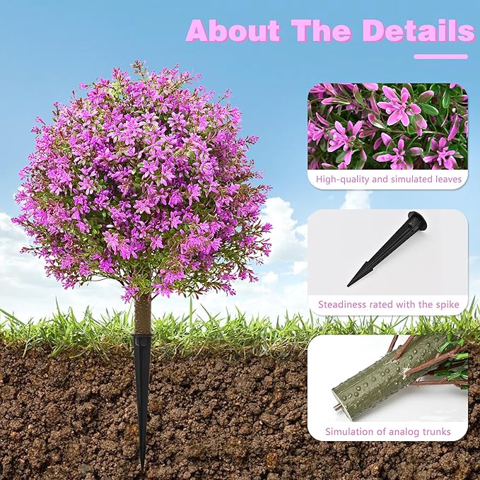 28" Artificial Boxwood Topiary Tree Purple, Set of 2 UV Resistant Fake Evergreen Shrubs Bushes with Ground Spike, Realistic Plants for Outdoor Indoor Front Porch Garden Home Decor