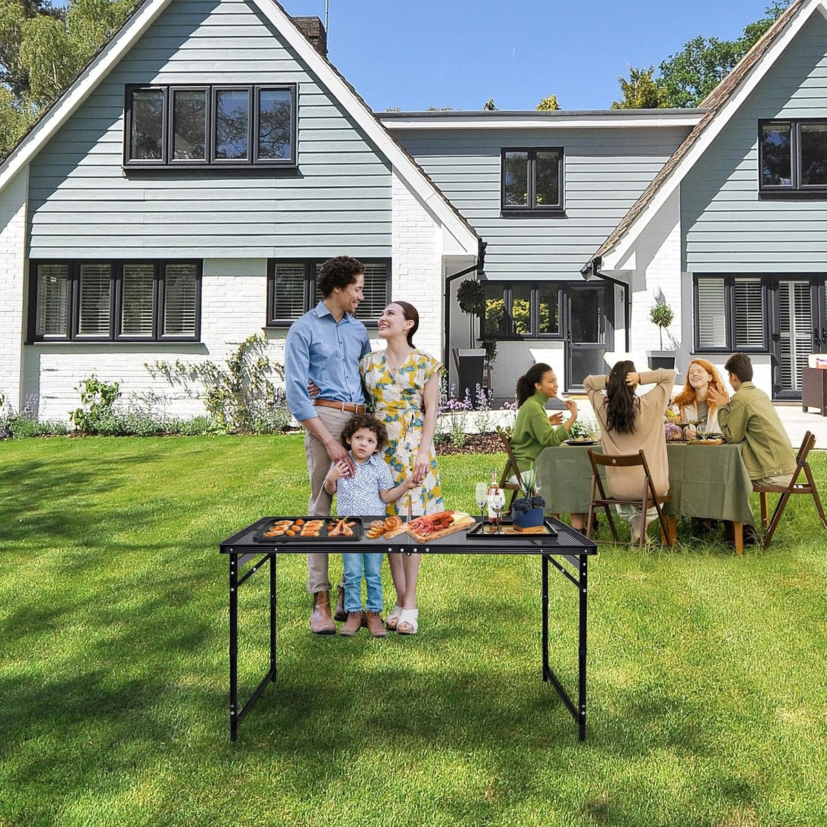 Camping Table 4FT Grill Table Foldable Folding Picnic Portable Stand Mesh 3 Height Adjustable Outdoor Card BBQ RV Black 47.2×23.6 inch