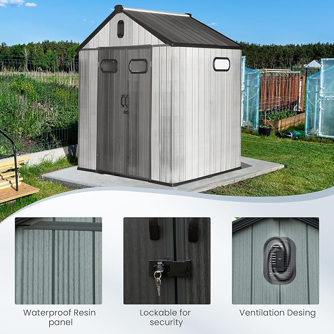 Domi 6x6 FT Outdoor Resin Storage Shed, All-Weather Double-Wall Storage Building for Backyard, Garden, Lawn Tools, Mower, Bike & Pool Equipment, Lockable Doors, Ventilated Roof, Grey