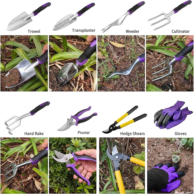 41-Piece Premium Gardening Tool Set, Stainless Steel Heavy Duty Gardening Tool Kit, with Non-Slip Rubber Grip, Storage Tote Bag, Outdoor Hand Tools, Ideal Gardening Gifts for All (Purple Floral)