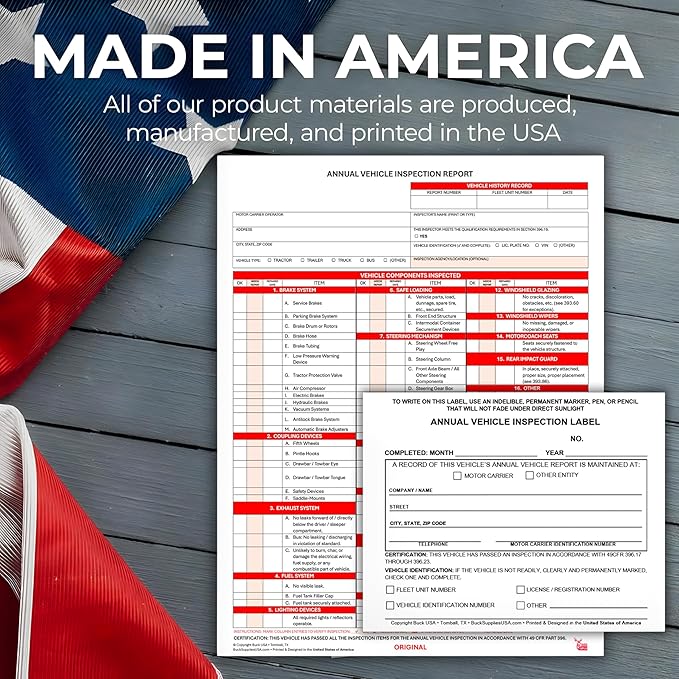10 Pack 3-Ply Carbonless Annual Vehicle Inspection Report Forms with FMCSA 2-Ply Mylar Laminate Adhesive Vinyl Labels, DOT Inspection Forms and Stickers, Shrink-Wrapped, 8.5" x 11.75" - Made in USA