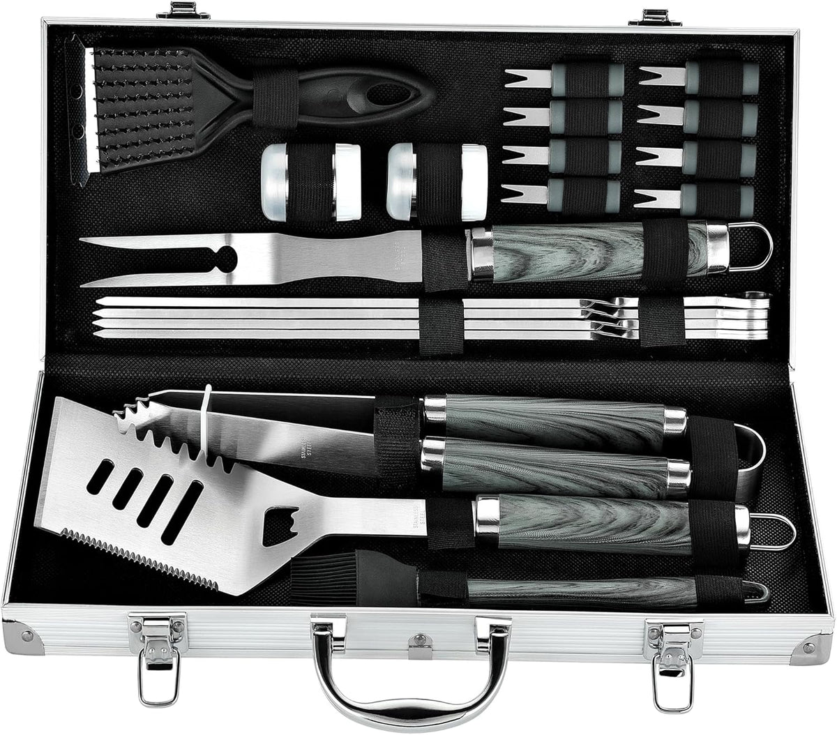 ROMANTICIST 20pcs Heavy Duty BBQ Grill Tool Set in Case - The Very Best Grill Gift for Father's Day and Christmas - Professional BBQ Accessories Set for Outdoor Cooking Camping Grilling Smoking, Grey